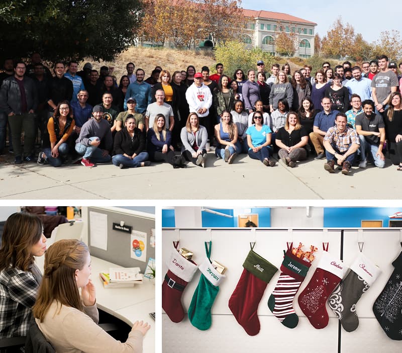 group photo of the belami ecommerce corporate team and close ups of two individuals and christmas stockings